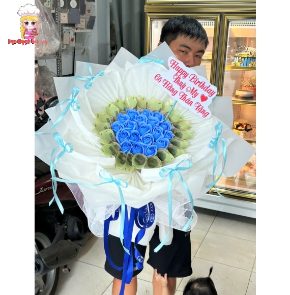 Hoa tiền kèm hoa sáp tone xanh dương