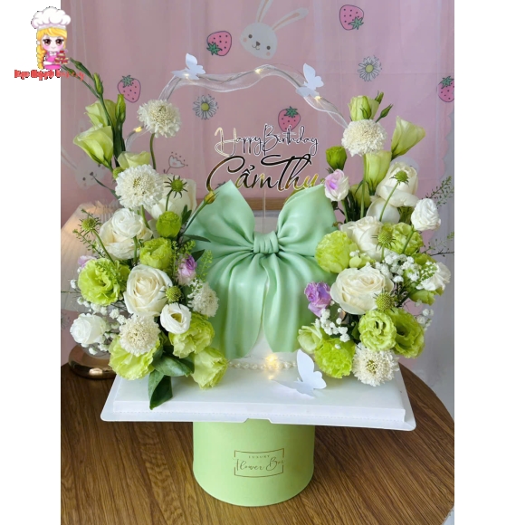 Bánh kem Nơ Luxury tone xanh kèm hoa tươi 