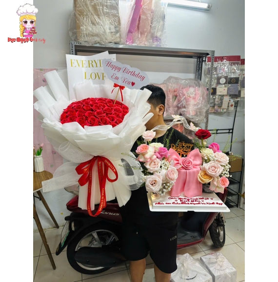 Combo hoa sáp và bánh sinh nhật nơ hồng