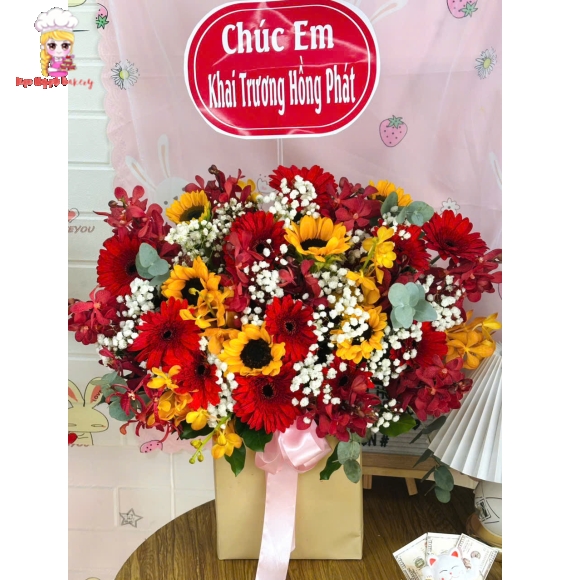 Giỏ hoa chúc mừng khai trương hoa hướng dương kết hợp đồng tiền