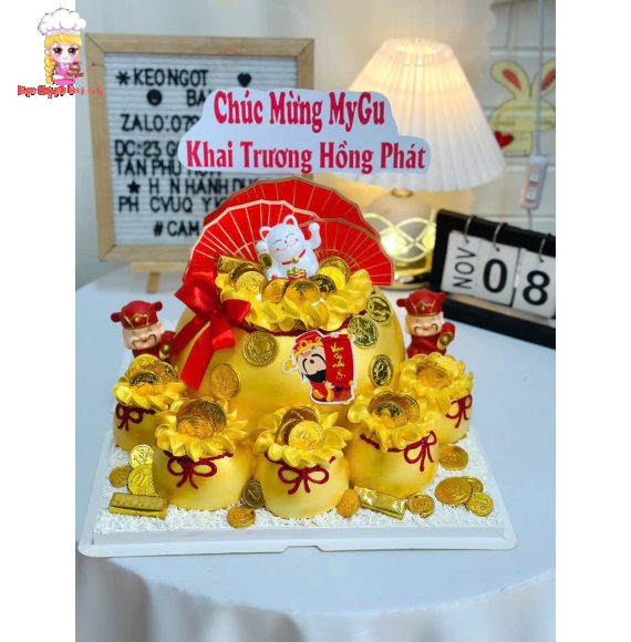 Bánh kem khai trương cao cấp kèm túi tiền tài lộc