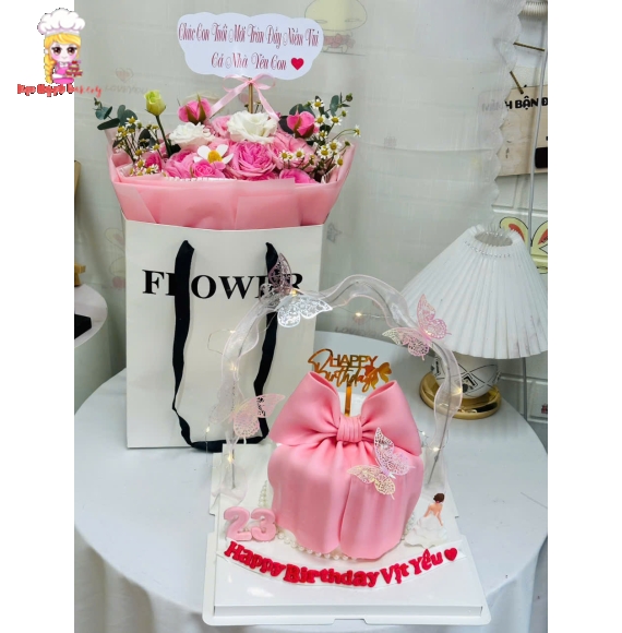 Combo hoa tươi bánh kem tone hồng