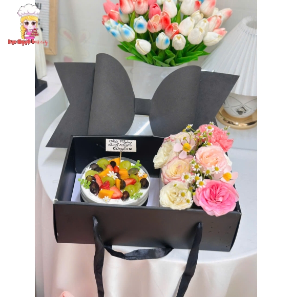Set bánh hoa tươi và bánh kem kèm hộp nơ to xinh