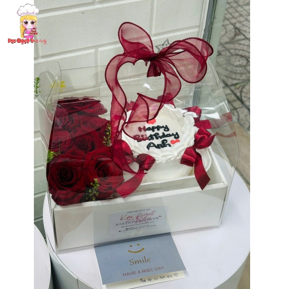 Set bánh hoa tươi và bánh kem tone đỏ sang