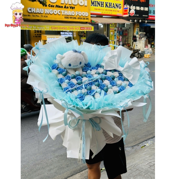 Mẫu bó hoa sáp tone xanh  mix gấu xinh tại Tân Phú