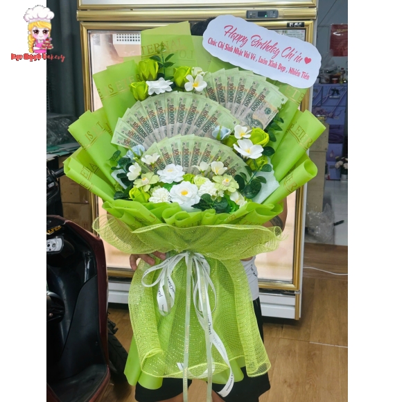 Bó hoa tiền xếp quạt cao cấp tờ 100k