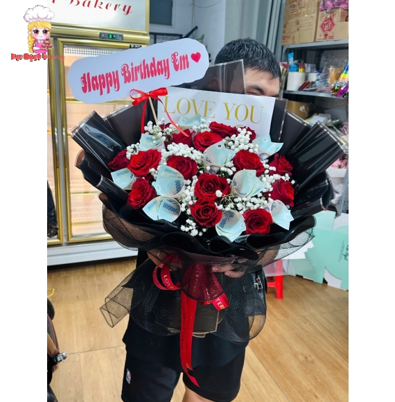 Bó hoa tiền tờ 500k mix hoa tươi cao cấp tại tân phú