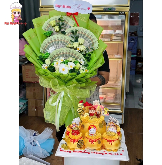 Combo hoa tiền kết hợp với bánh kem khai trương hot 2026