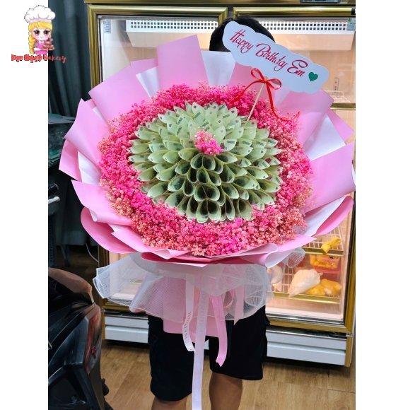 Bó hoa tiền tờ 100k mix với hoa bibi