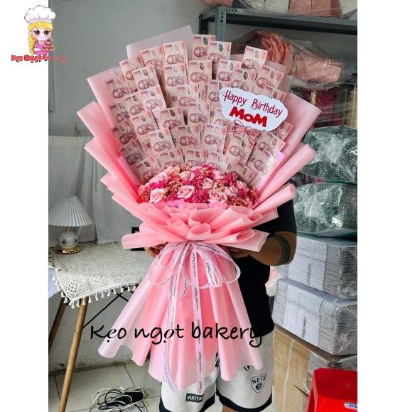 Bó hoa tiền 50k tone hồng 